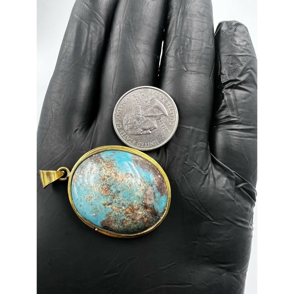 Natural Turquoise Pendant Metal Brass Handmade With Rope - Picture 1 of 11